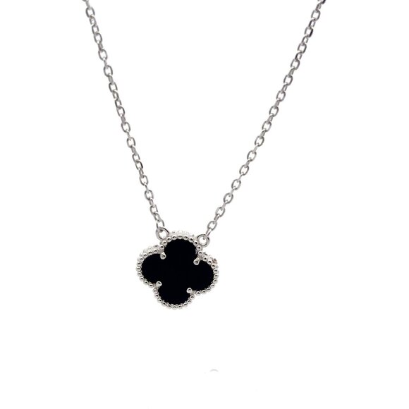 Unbranded Jewelry - 925 Sterling Silver Necklace 17 inches Chain Black Agate Clover Pendant